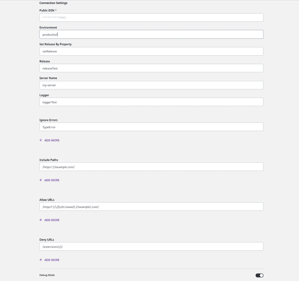 Configuration settings for sentry